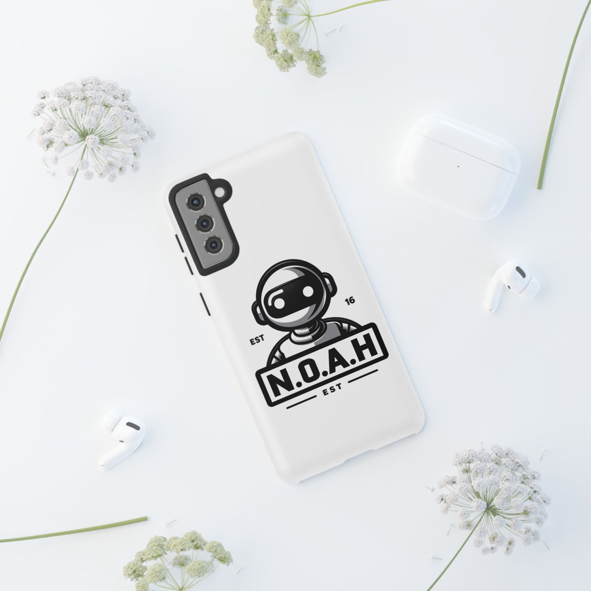 N.O.A.H™ Robot Phone Case — Retro Monochrome Tech Logo Protective Case