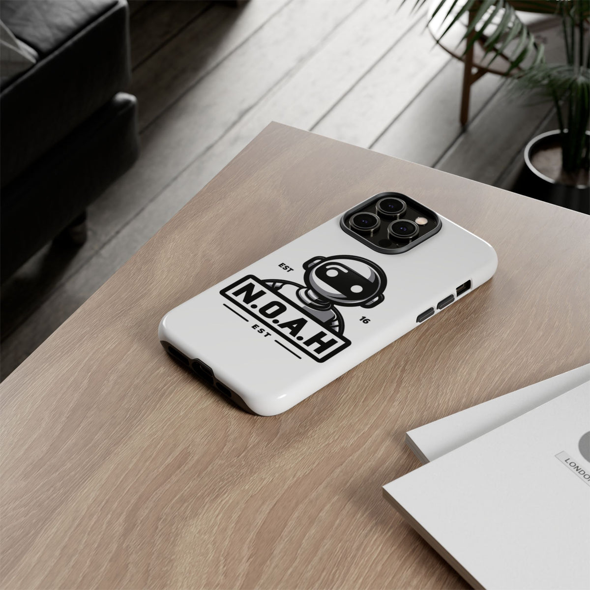 N.O.A.H™ Robot Phone Case — Retro Monochrome Tech Logo Protective Case