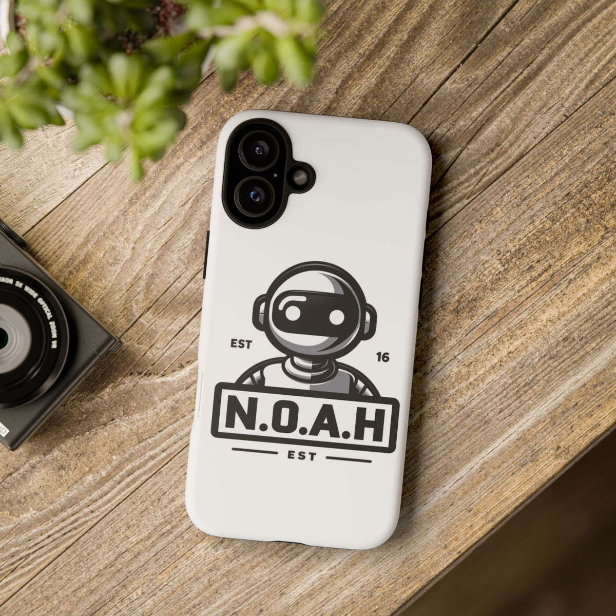 N.O.A.H™ Robot Phone Case — Retro Monochrome Tech Logo Protective Case