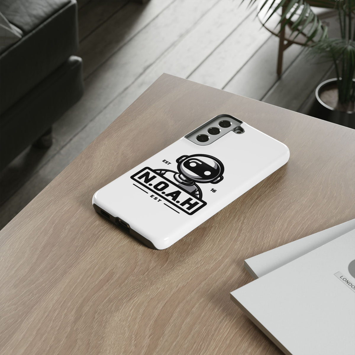 N.O.A.H™ Robot Phone Case — Retro Monochrome Tech Logo Protective Case