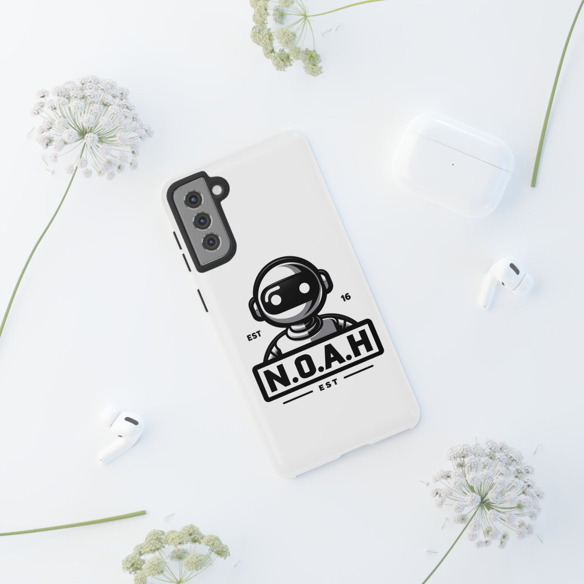 N.O.A.H™ Robot Phone Case — Retro Monochrome Tech Logo Protective Case