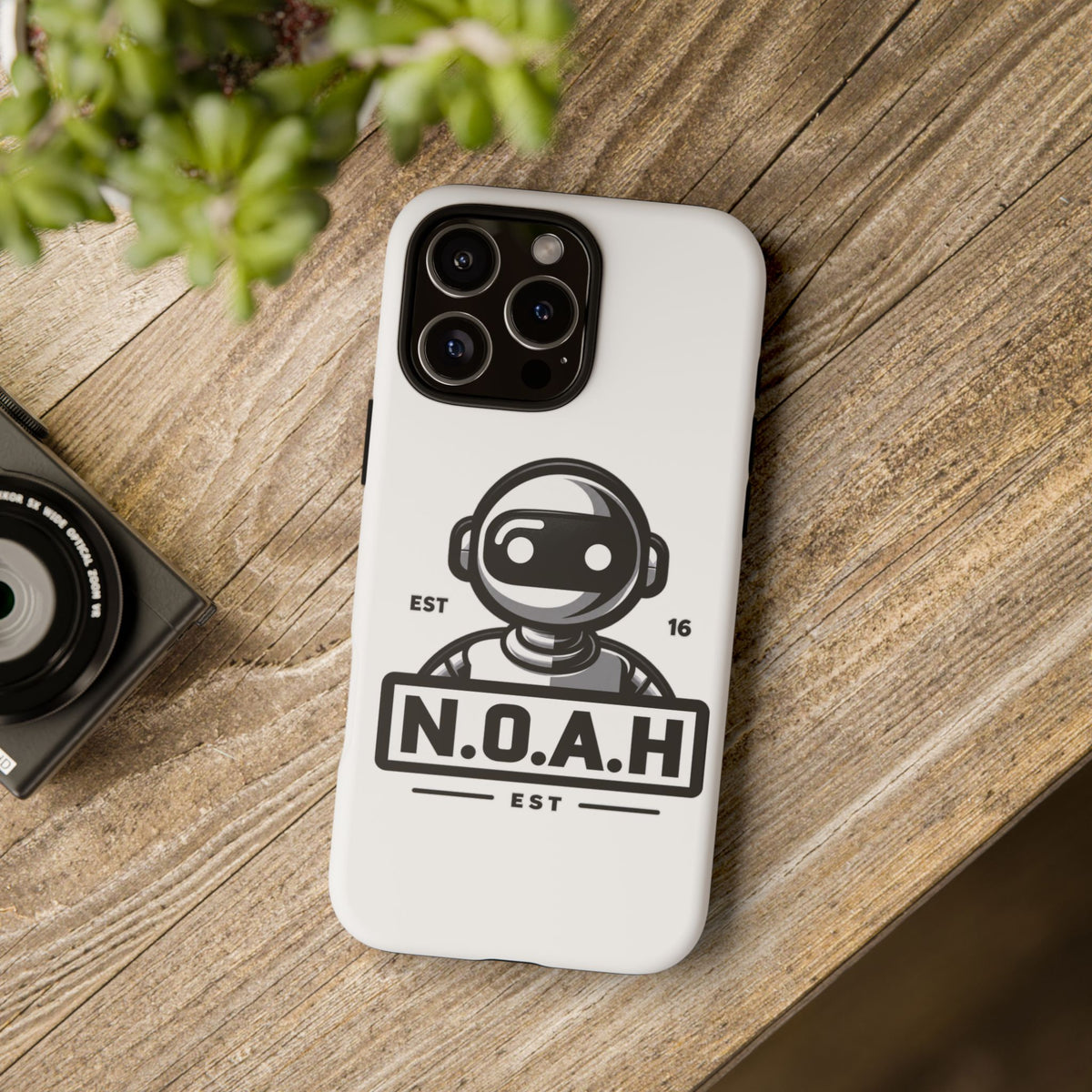 N.O.A.H™ Robot Phone Case — Retro Monochrome Tech Logo Protective Case