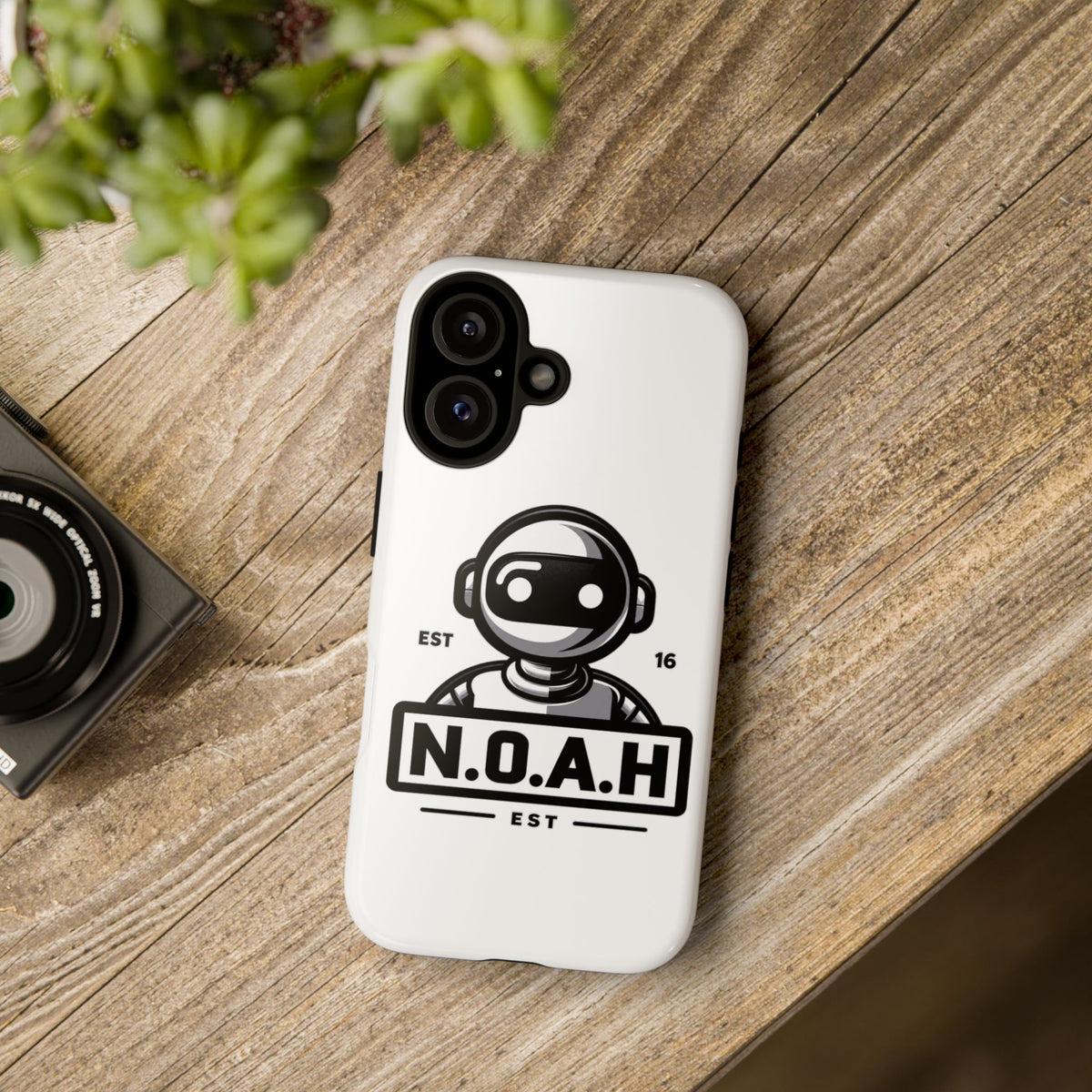 N.O.A.H™ Robot Phone Case — Retro Monochrome Tech Logo Protective Case