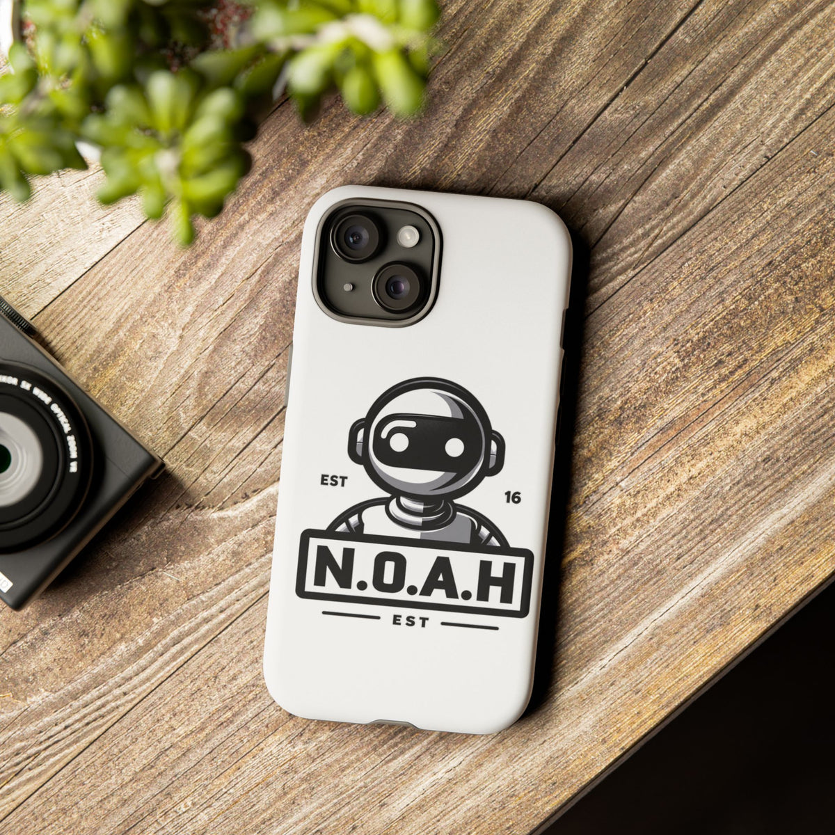 N.O.A.H™ Robot Phone Case — Retro Monochrome Tech Logo Protective Case