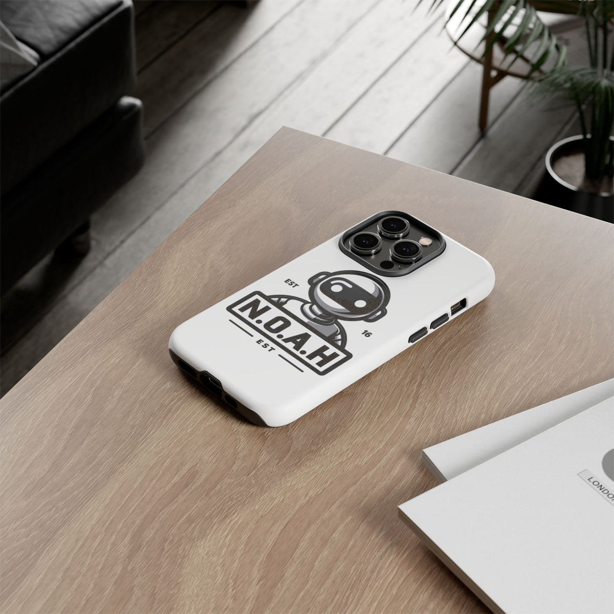 N.O.A.H™ Robot Phone Case — Retro Monochrome Tech Logo Protective Case