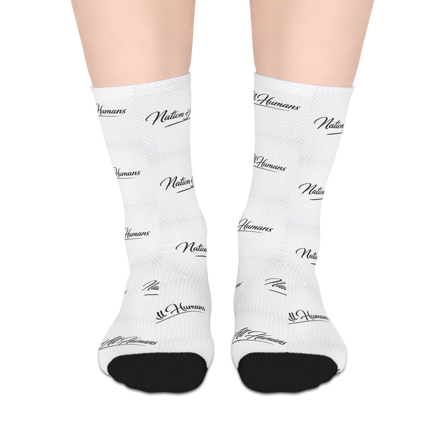 Mid-length Socks — White Script "Nation of All Humans™ Pattern