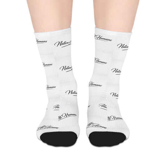 Mid-length Socks — White Script "Nation of All Humans™ Pattern