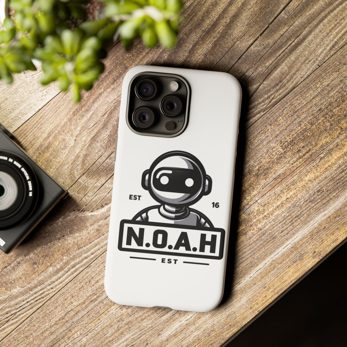 N.O.A.H™ Robot Phone Case — Retro Monochrome Tech Logo Protective Case