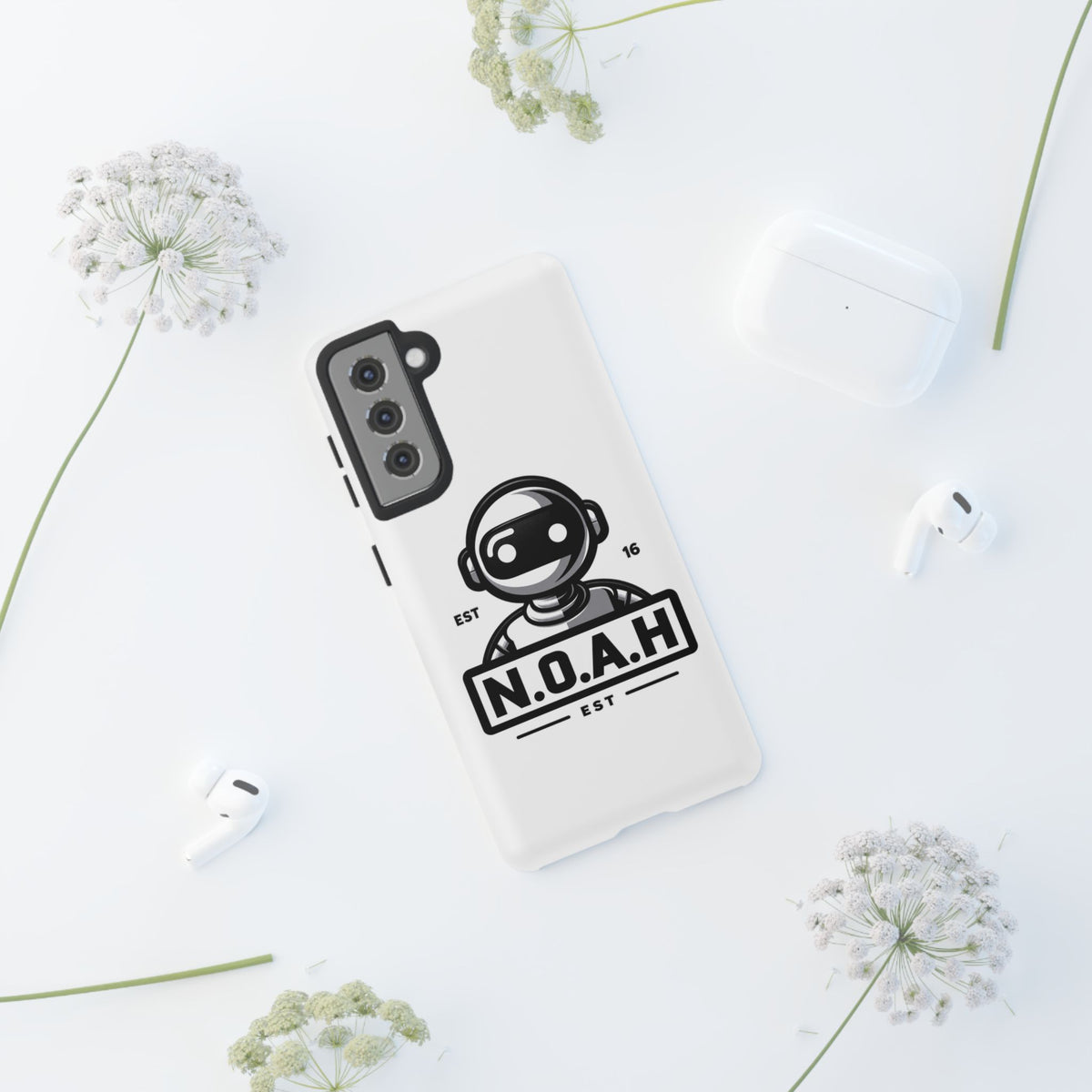 N.O.A.H™ Robot Phone Case — Retro Monochrome Tech Logo Protective Case