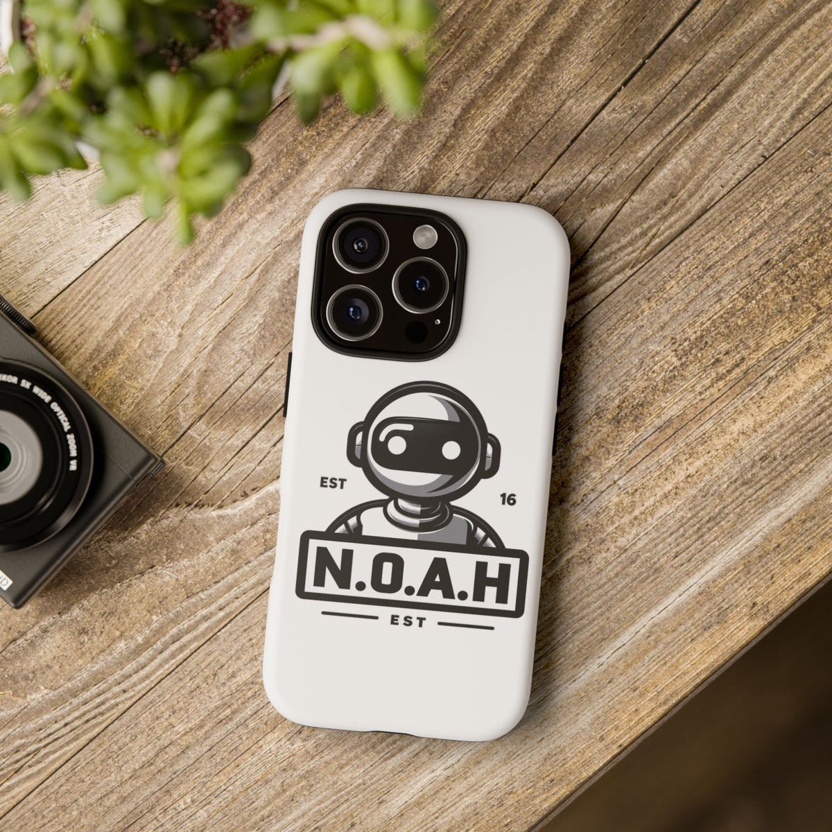 N.O.A.H™ Robot Phone Case — Retro Monochrome Tech Logo Protective Case