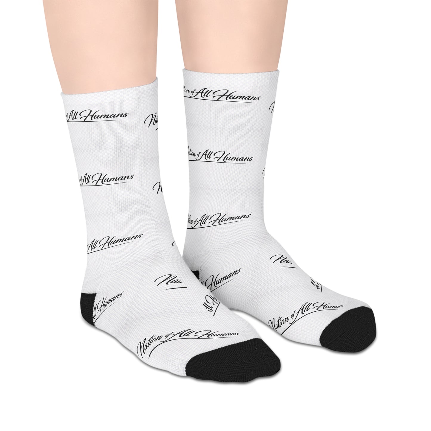 Mid-length Socks — White Script "Nation of All Humans™ Pattern