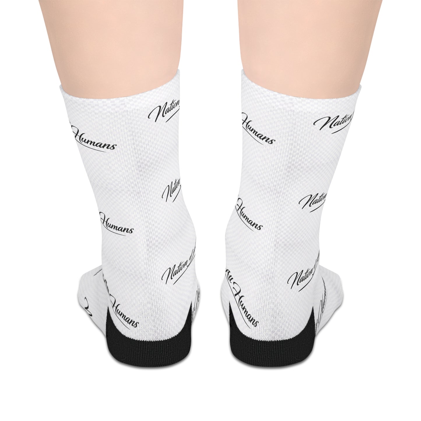 Mid-length Socks — White Script "Nation of All Humans™ Pattern