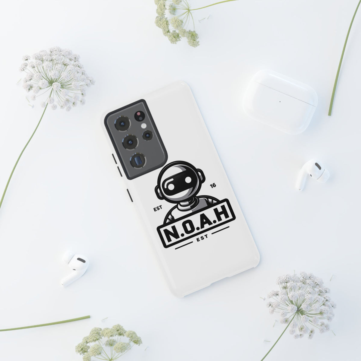 N.O.A.H™ Robot Phone Case — Retro Monochrome Tech Logo Protective Case