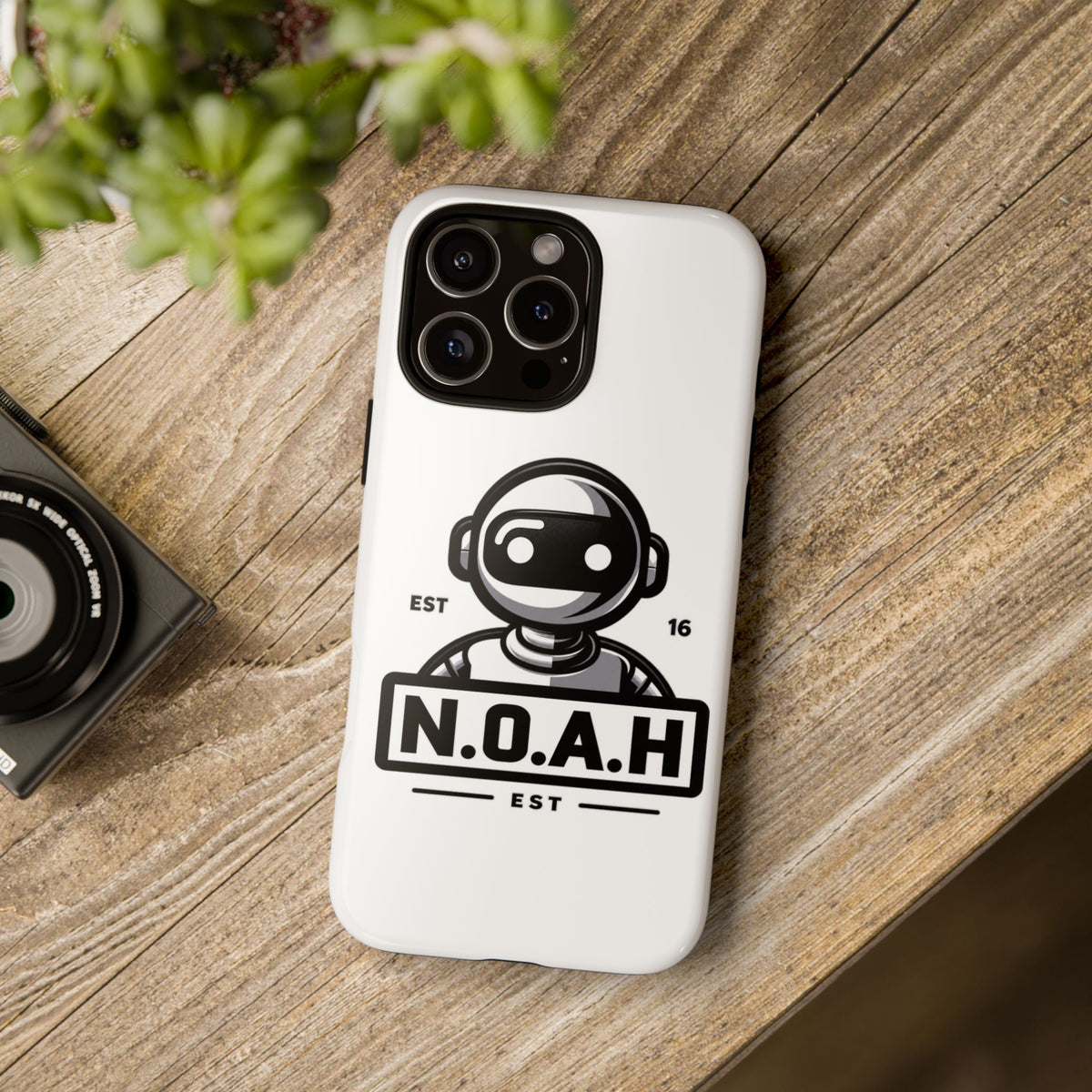 N.O.A.H™ Robot Phone Case — Retro Monochrome Tech Logo Protective Case