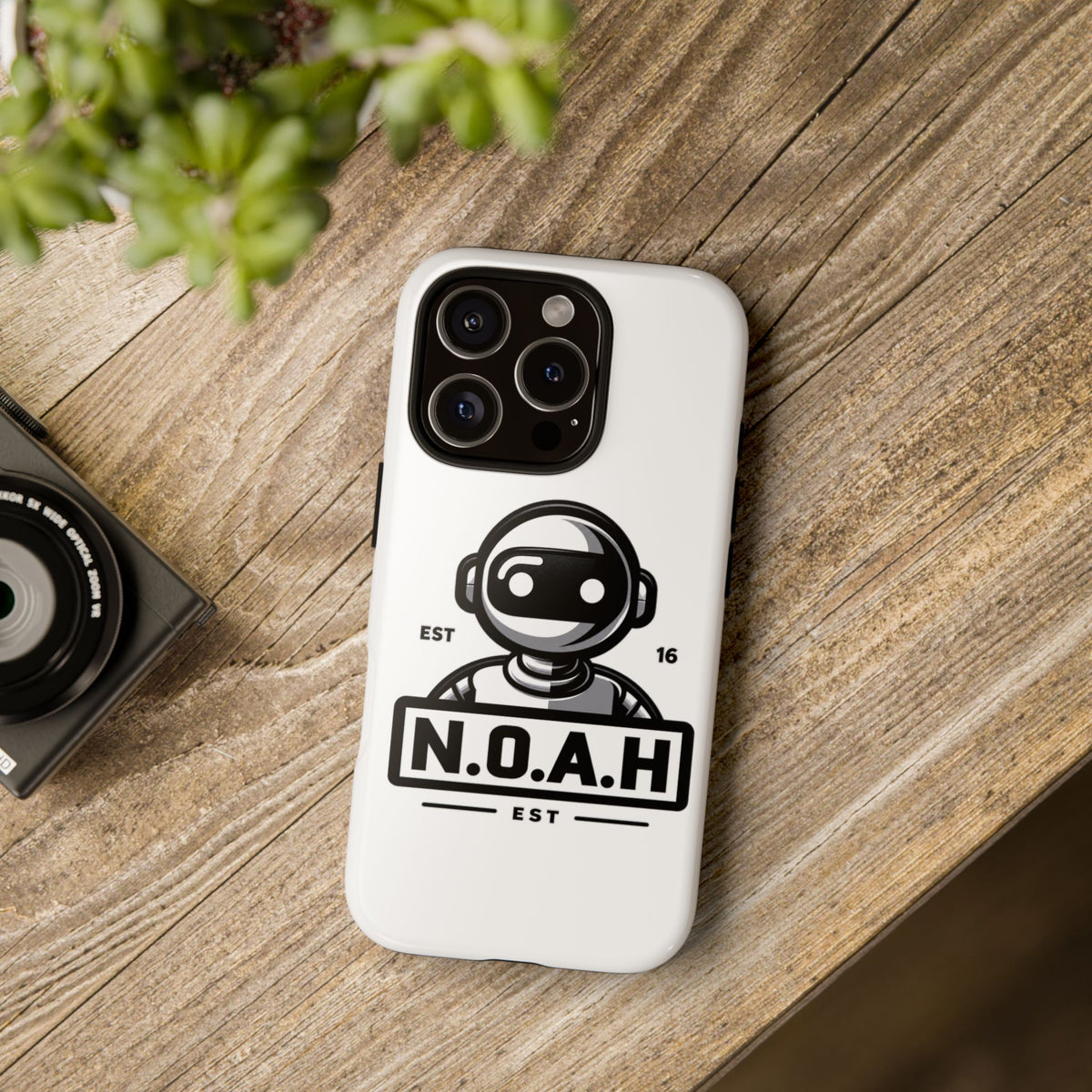 N.O.A.H™ Robot Phone Case — Retro Monochrome Tech Logo Protective Case