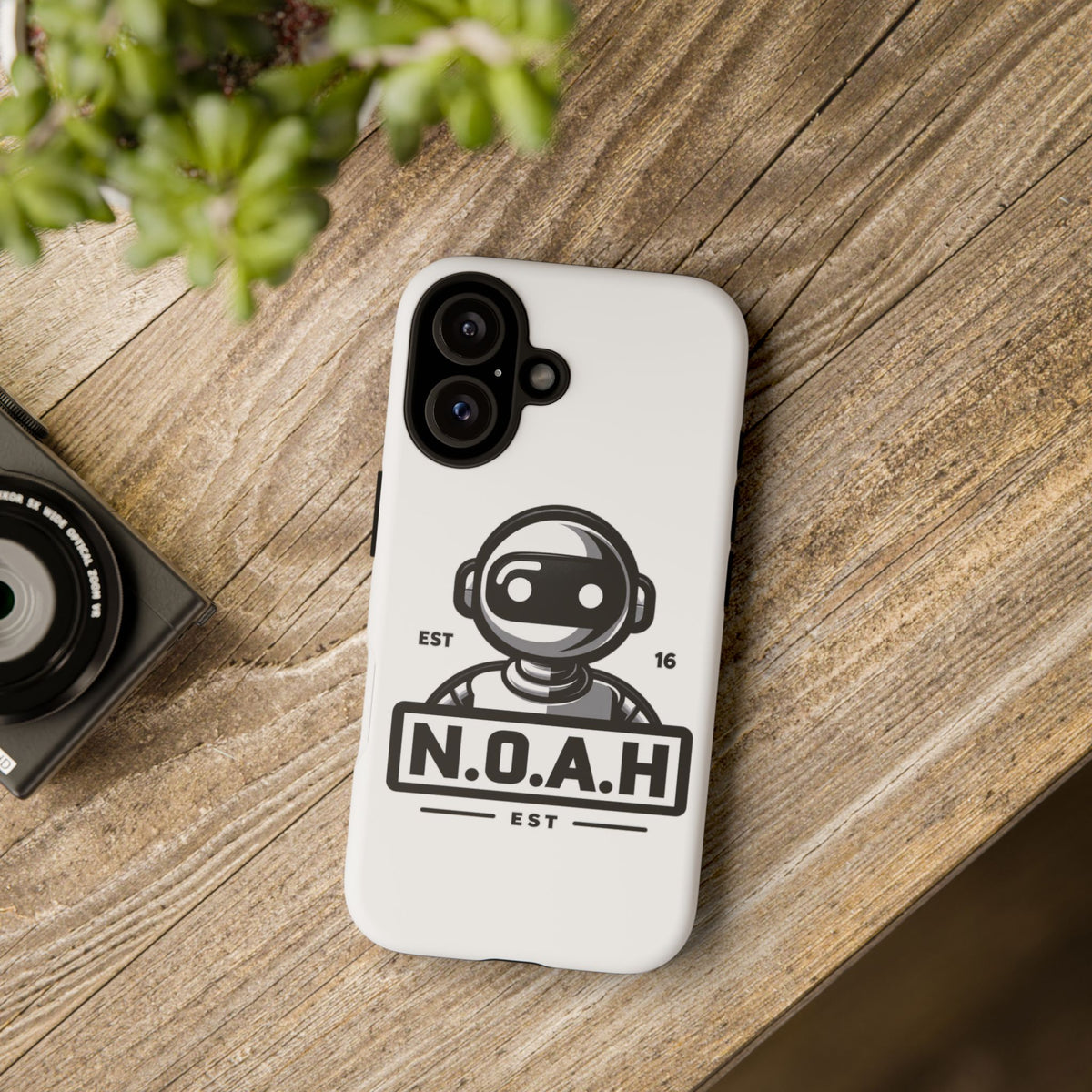 N.O.A.H™ Robot Phone Case — Retro Monochrome Tech Logo Protective Case