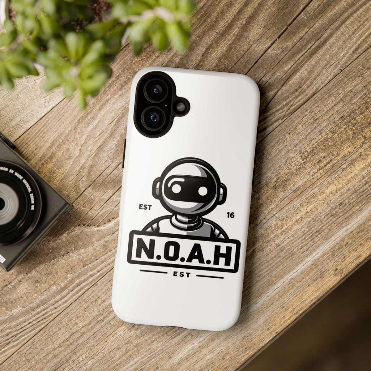 N.O.A.H™ Robot Phone Case — Retro Monochrome Tech Logo Protective Case