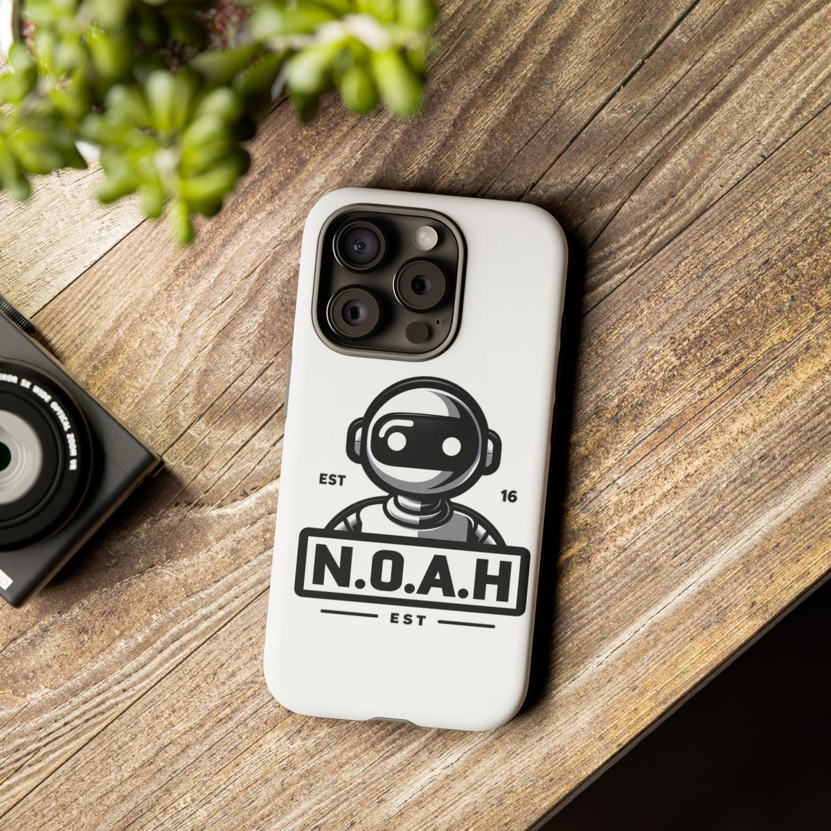 N.O.A.H™ Robot Phone Case — Retro Monochrome Tech Logo Protective Case