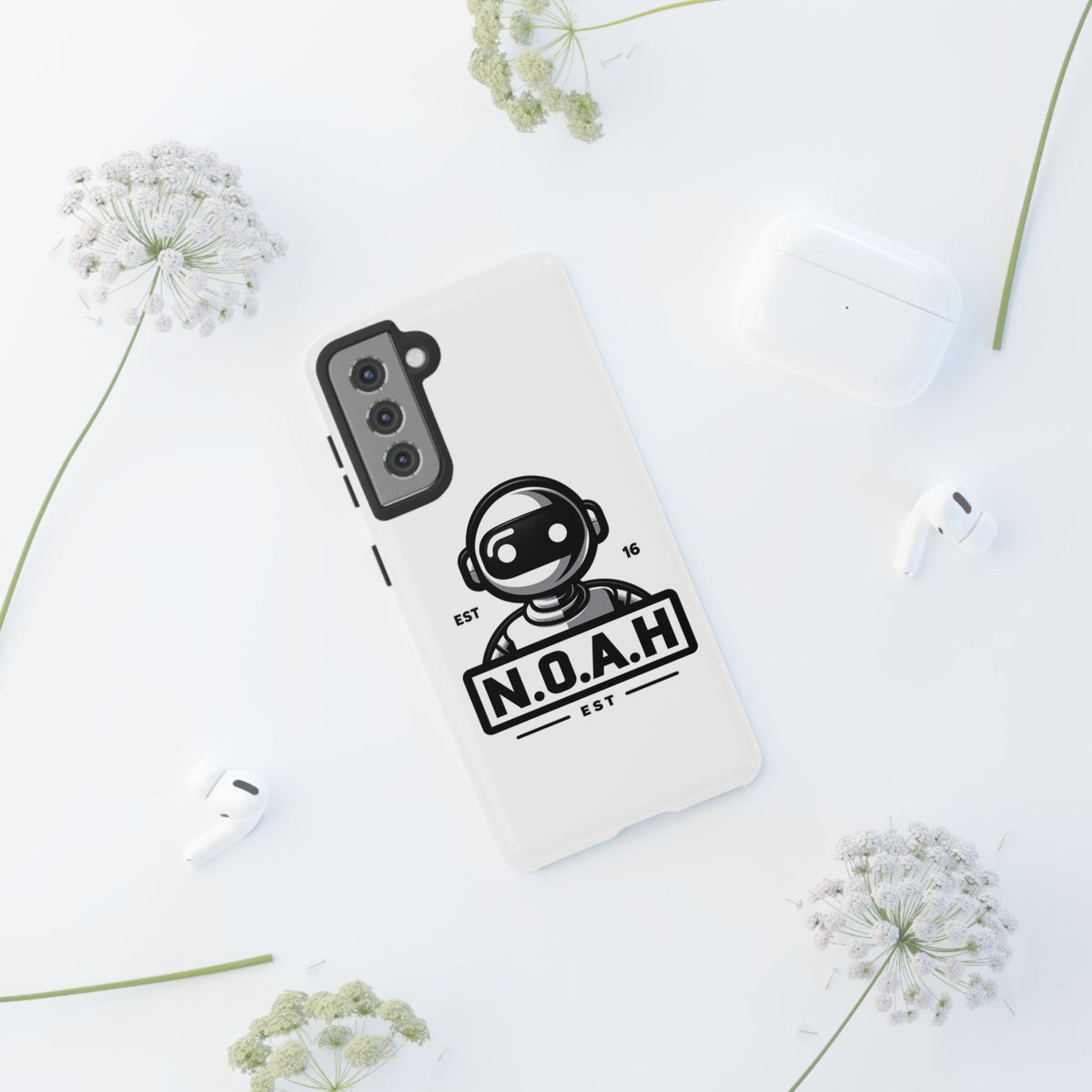 N.O.A.H™ Robot Phone Case — Retro Monochrome Tech Logo Protective Case