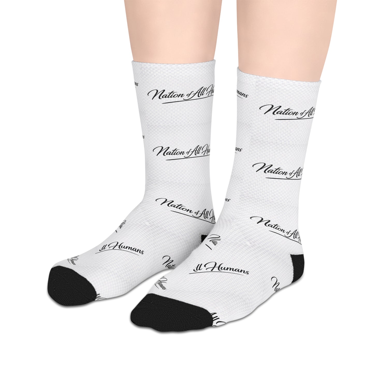 Mid-length Socks — White Script "Nation of All Humans™ Pattern